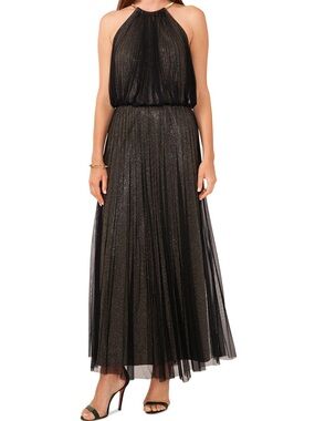 Women's Black and Gold Fleck Metallic Pleated Midi Dress